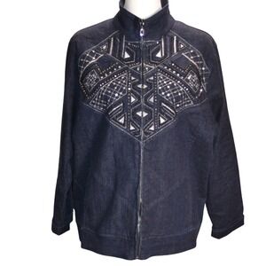 Da-Rue‎ Denim Jacket Women PXL Blue Beaded Zip Petite Casual Bold Sparkle Vibe